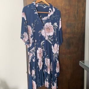 Blue floral collared button up dress